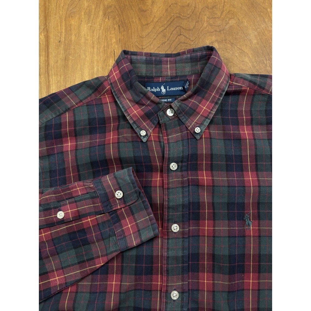 Ralph Lauren Shirt Mens L Red Green Blue Plaid Classic Fit Button Down